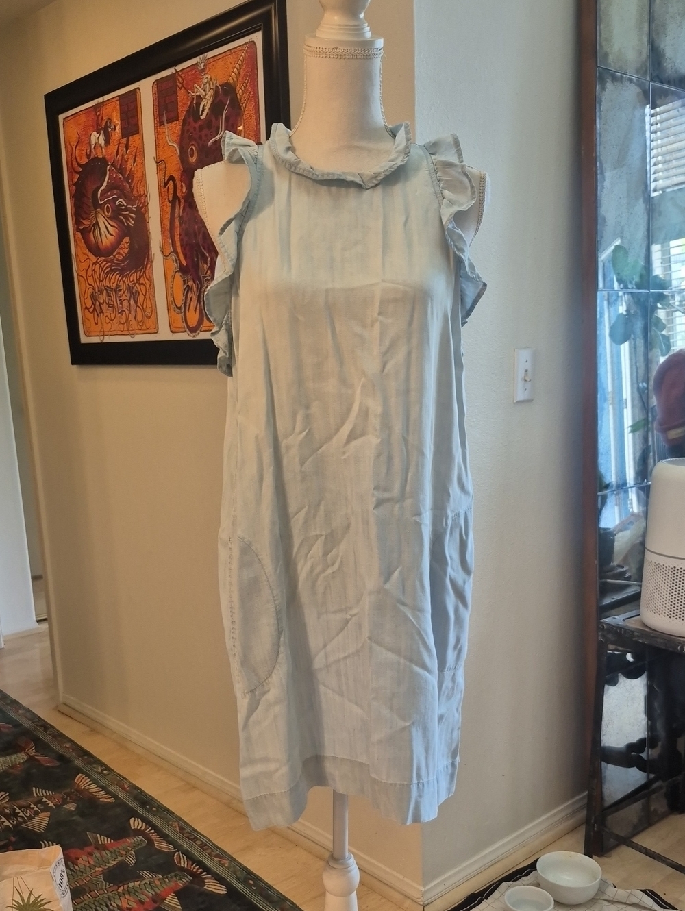 Chelsea & Violet Denim Ruffled Dress Sleeveless W Pockets